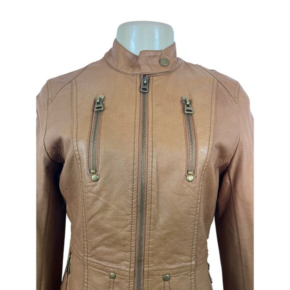TCEC Women Tan Leather Jacket With Leopard Print Lining Szize M - Picture 5 of 10